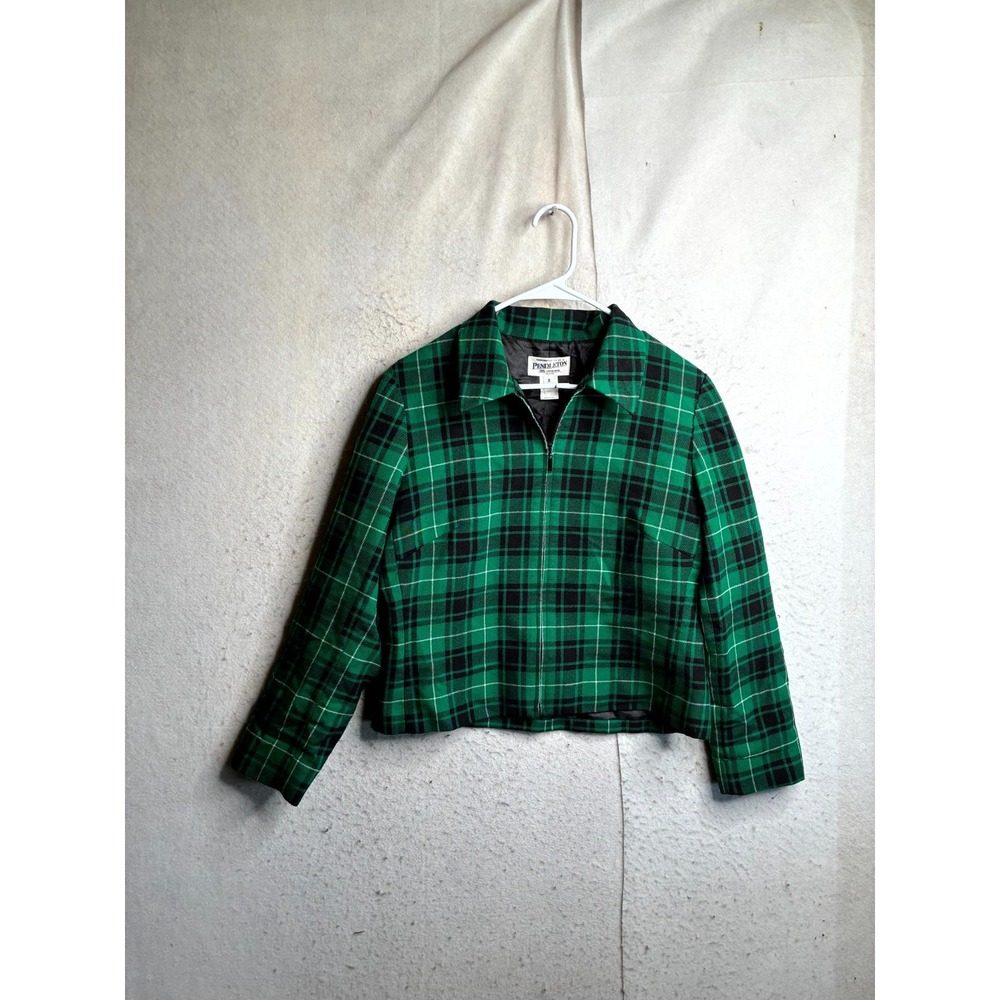 Vintage Pendleton Wool Jacket Womens 8P Green Black Plaid Tartan Full Zip Patch
